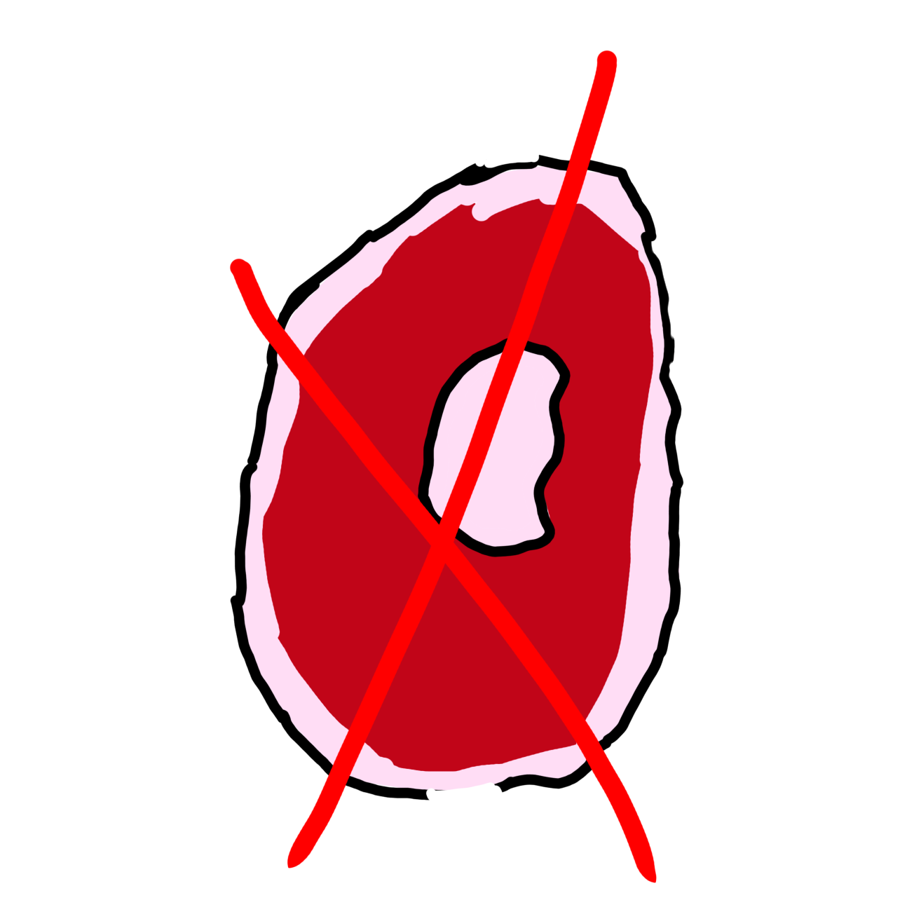 a piece of red meat with bones sticking out of each end and a red X over it.